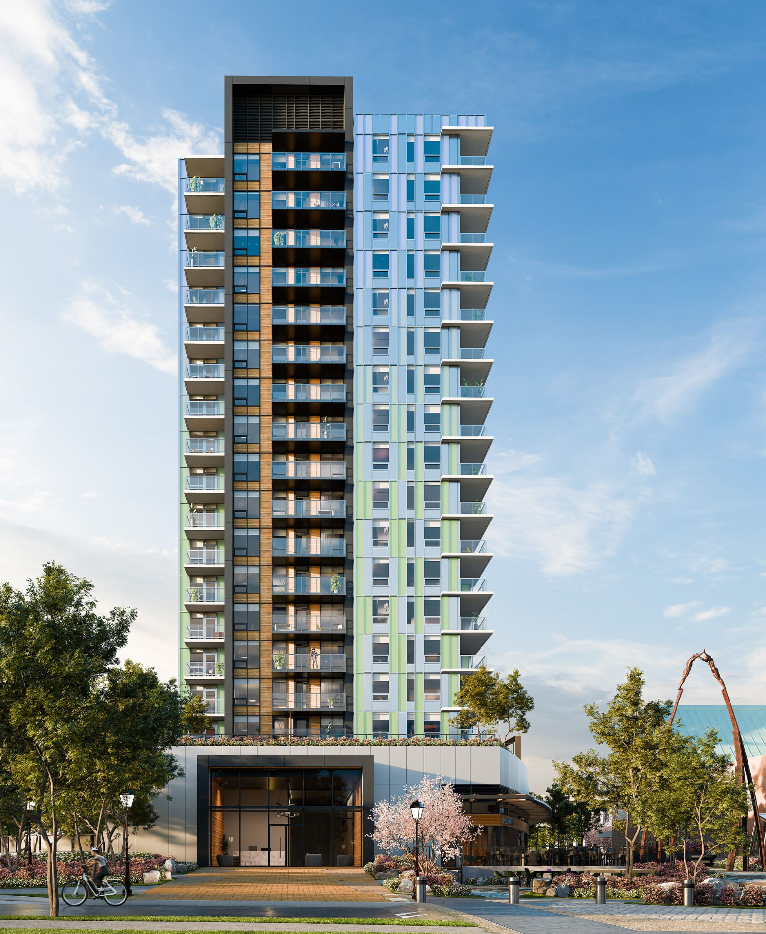 Rendering of the Canopy tower seen from the park, a slim high-rise with layered balconies above a glazed lobby entrance, framed by trees.